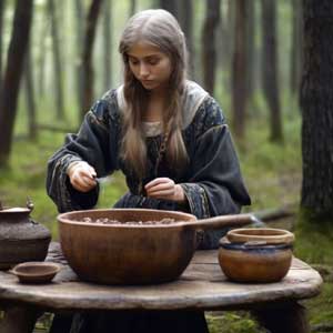 Древнерусская девушка варит лечебную смесь