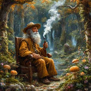 Старик курит в лесу