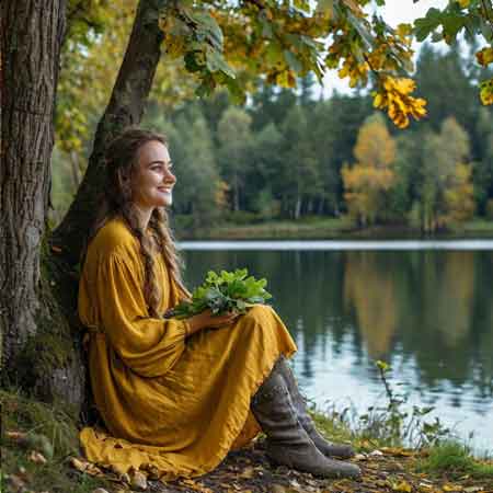 Девушка у озера с лекарственными травами