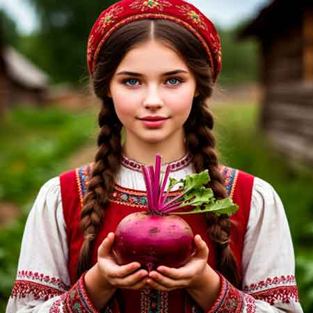 Девушка держит в руках свеклу