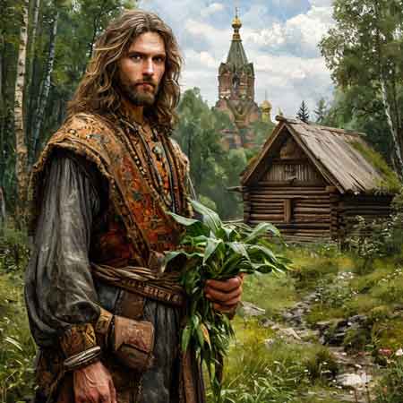 Лекарь собирает лекарственные травы в лесу