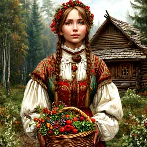 Держит корзину с лечебными травами