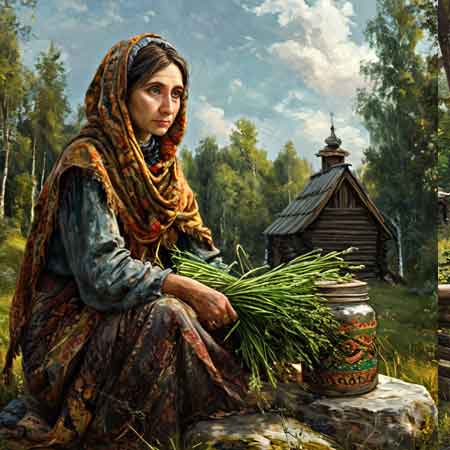 Народная травница сидит с лекарственными растениями