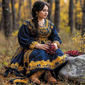 Толстая девушка собирает в лесу ягоды