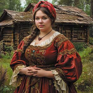 Полная женщина в на фоне хижины