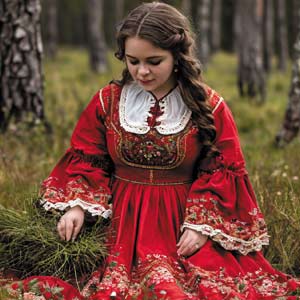 Полная девушка в березовой роще