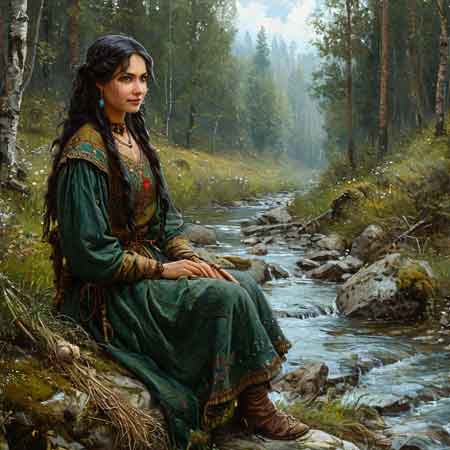 Девушка у ручья в лесу мечтает о чесночном чае