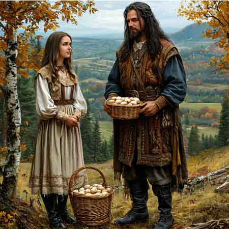 У ног стоит молоко, на земле чеснок