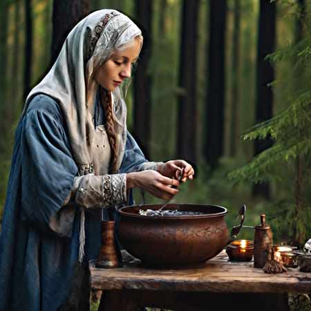 Готовит ванну со снадобьями