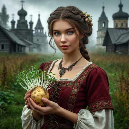 Держит в руке картофель с ростками